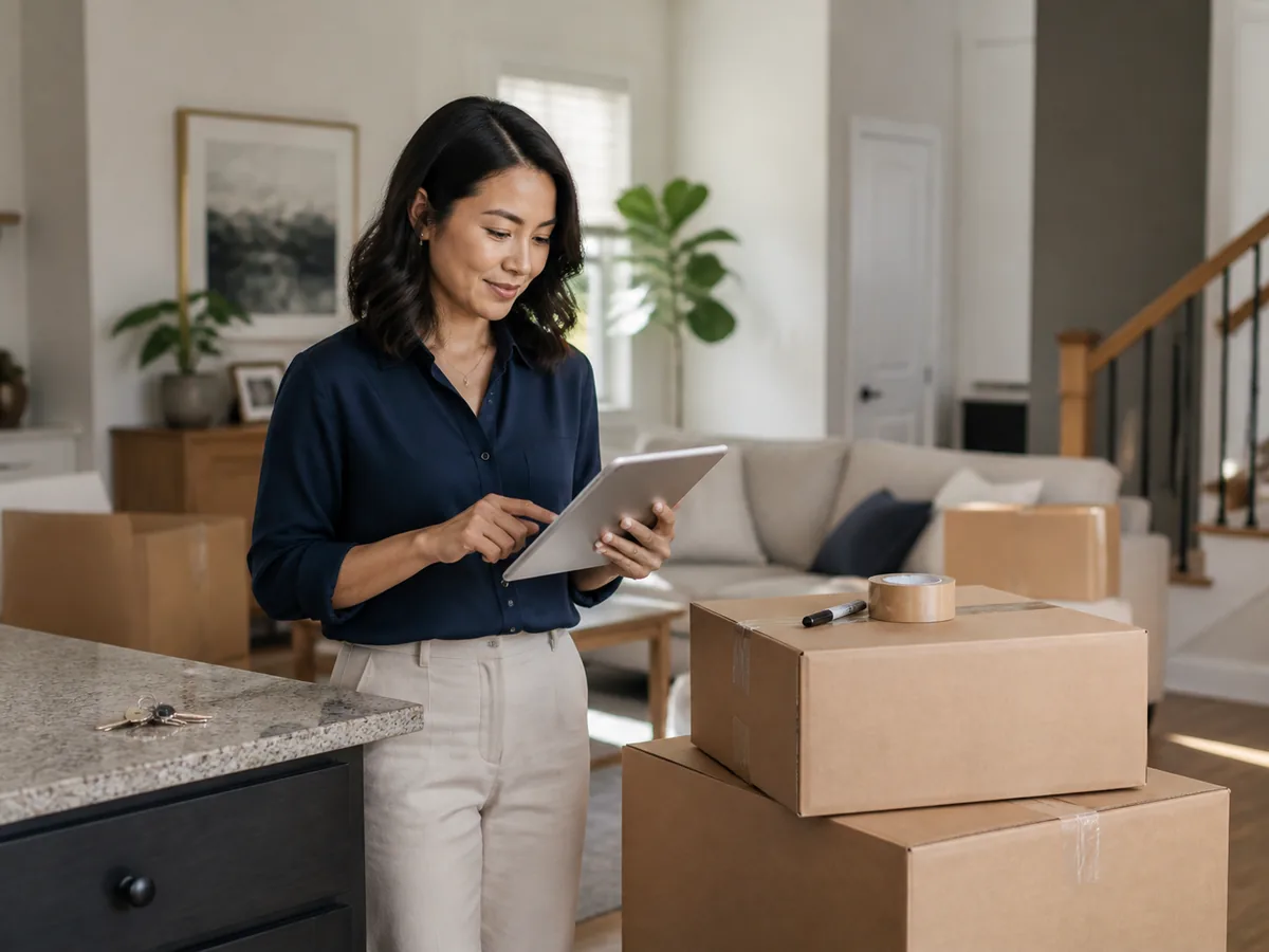 Couple on moving truck tailgate with boxes ? sell house fast for job relocation NWA